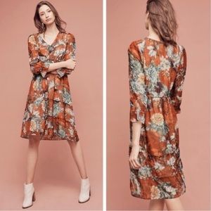 Hemnant and Nandita for Anthropologie brown floral and birds midi dress